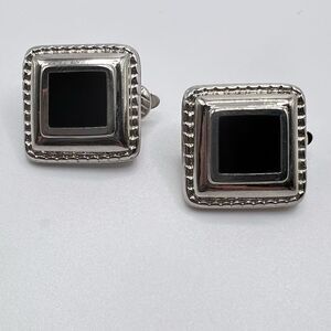 Trifari Black and Silver Toned Square Clip On Earrings